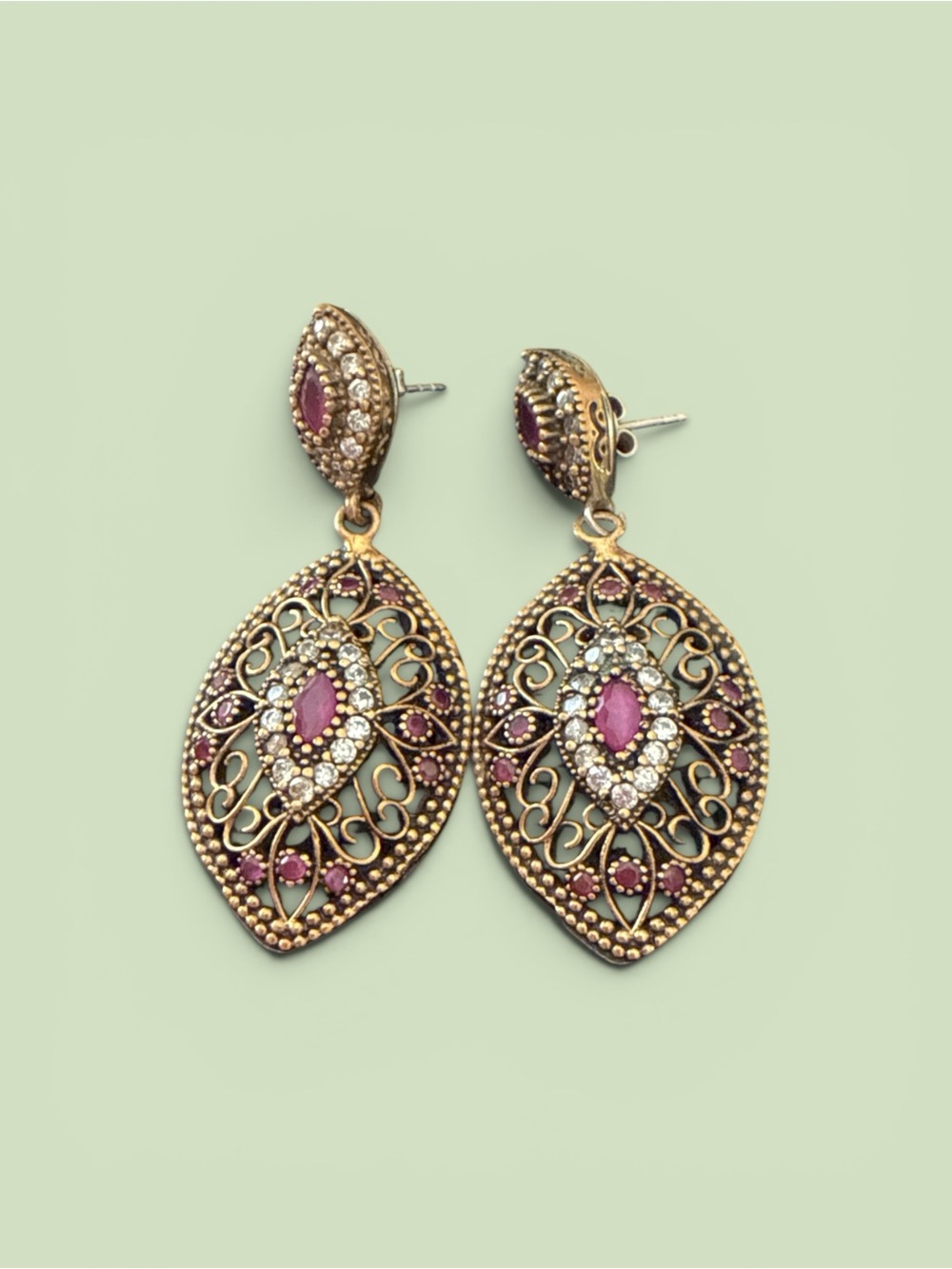 Gold-Sterling Silver Filigree Drop Earrings with Pink Stones